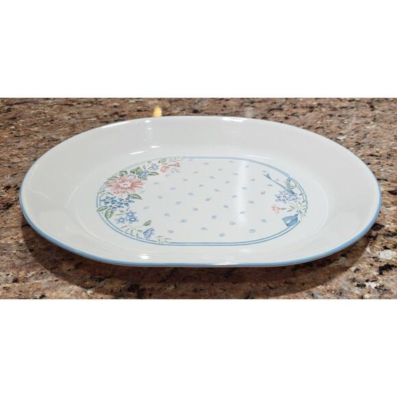 Corelle Blue Symphony 12 1/4" x 10" Platter Blue Stripe Peach Flower - Picture 3 of 11